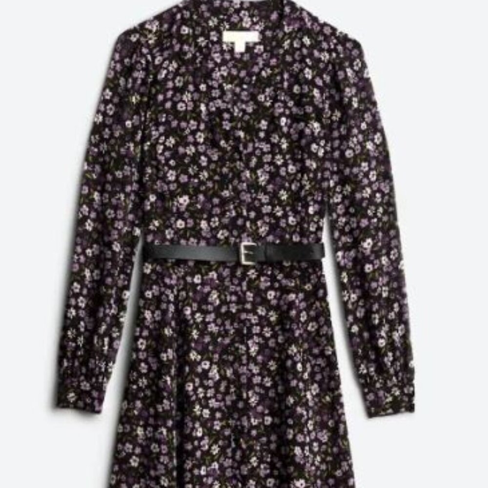 Michael Kors Black Floral Midi Dress with Purple and White Flowers
